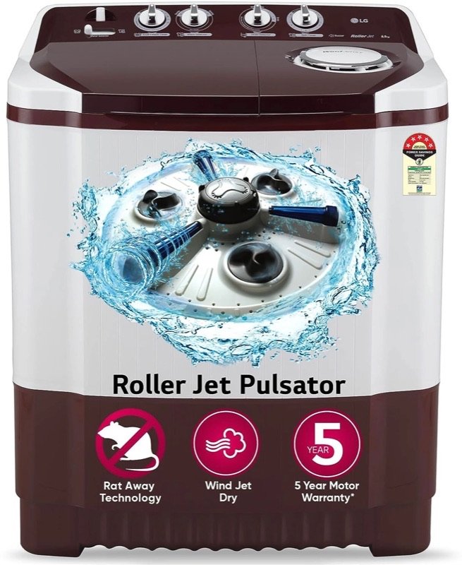 LG 8.5 kg 5 Star with Roller Jet Pulsator with Soak, Wind Jet Dry and Collar Scrubber Semi Automatic Top Load Maroon, White (P8530SRAZ)